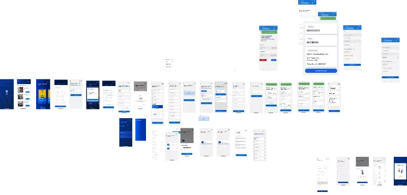 Wide Figma canvas showing the BCB mobile onboarding screen flow