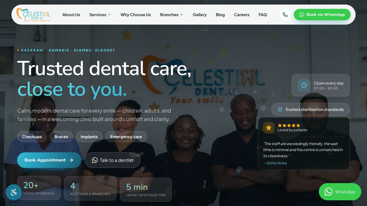 Celestial Dental website homepage with appointment actions, branch details, and trust signals
