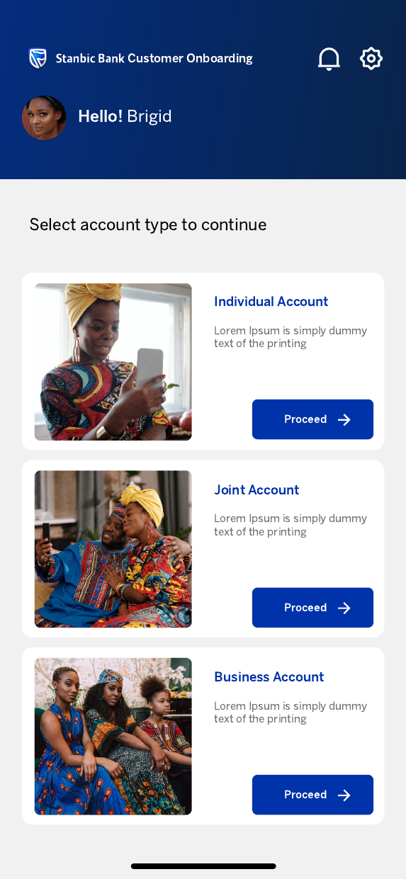 Stanbic customer onboarding account type selection screen