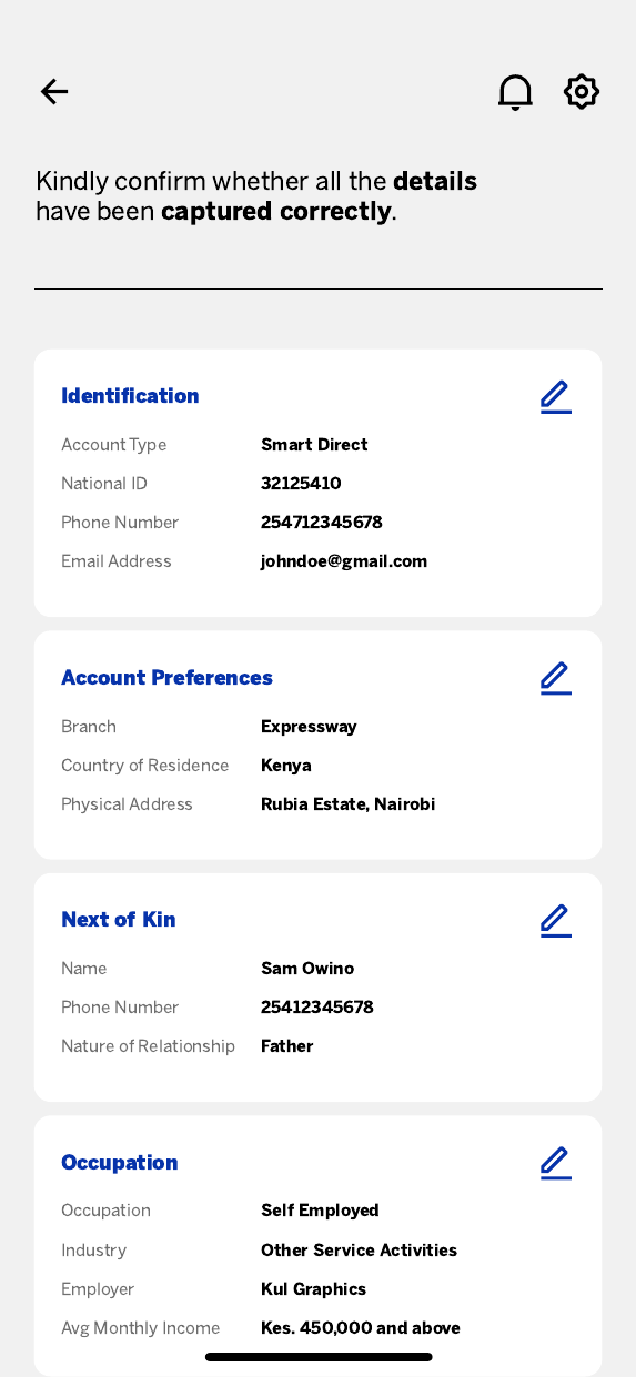 Stanbic customer onboarding application review screen