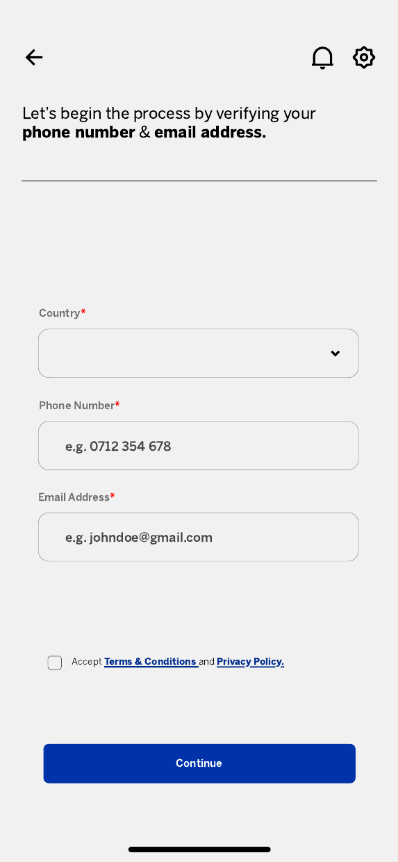 Stanbic customer onboarding phone and email verification screen