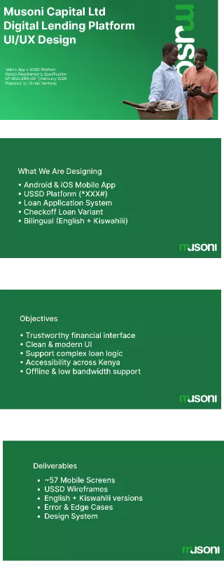 Musoni Digital Lending Platform design brief showing objectives and deliverables